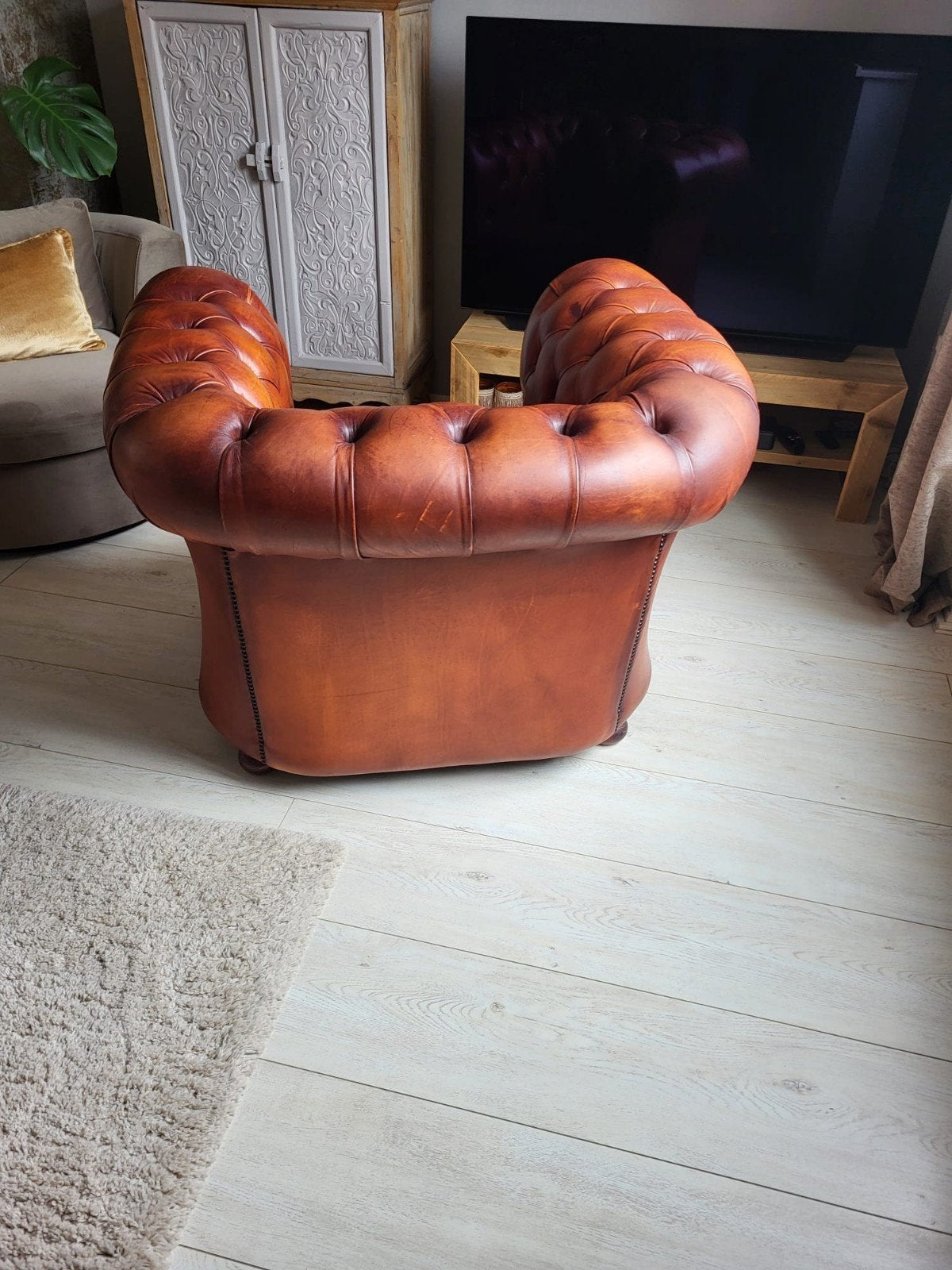 Originele Chesterfield stoel in zeer goede staat, Huis en Inrichting, Bruin, Chesterfield, Leer, Ophalen of Verzenden