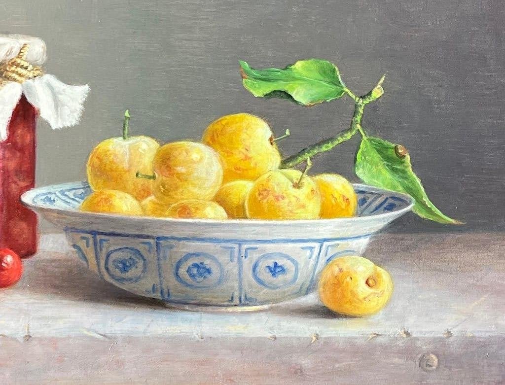 Kersen in een weckpot en pruimen in een schaal Hans Habraken, Paneel, Realistisch, Stilleven, Ophalen of Verzenden