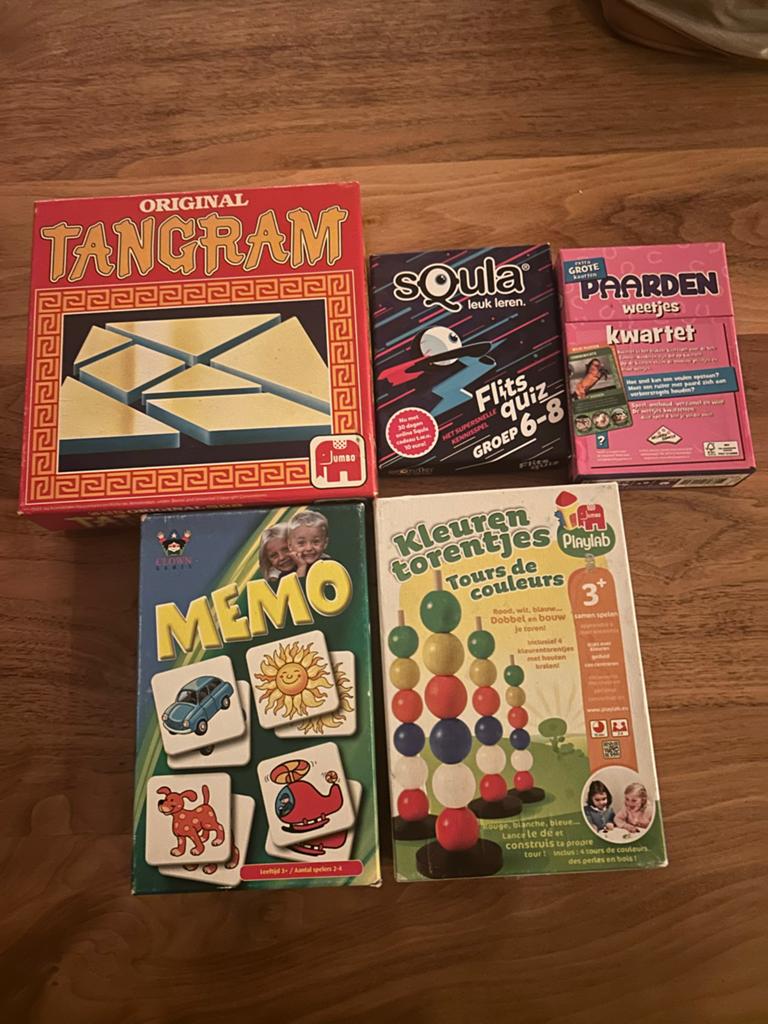 Spellen Bundel: Tangram, Memo, Squla, Kwartet, Torentjes, Ophalen of Verzenden, Gebruikt