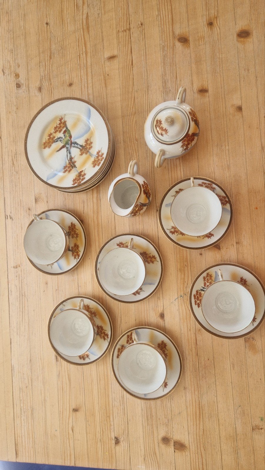 Vintage Japans theeservies met vogels en herfstbladeren, Ophalen