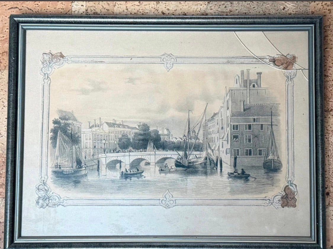 Old drawing for Dutch harbor, Amsterdam Jan Korthals 34x26., Ophalen of Verzenden