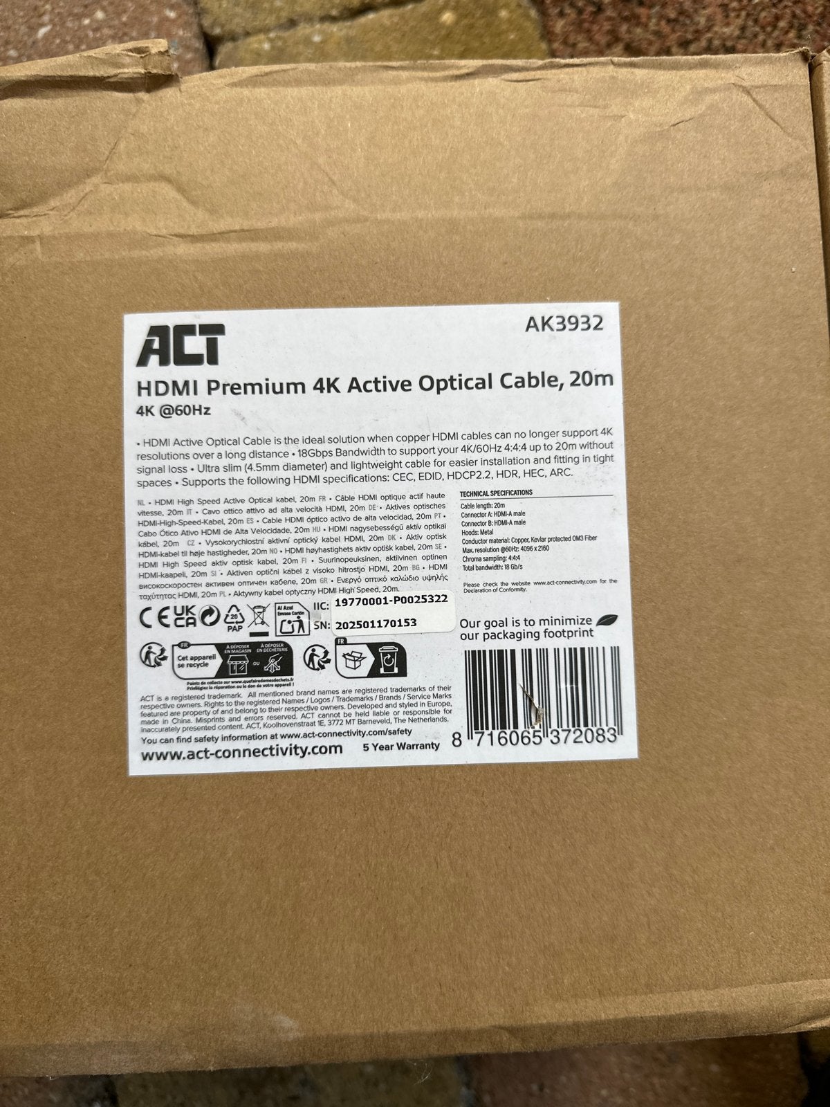 ACT HDMI Premium 4K Optische Kabel 20m Nieuw in Doos, Audio, Tv en Foto, Audiokabels en Televisiekabels, Ophalen of Verzenden