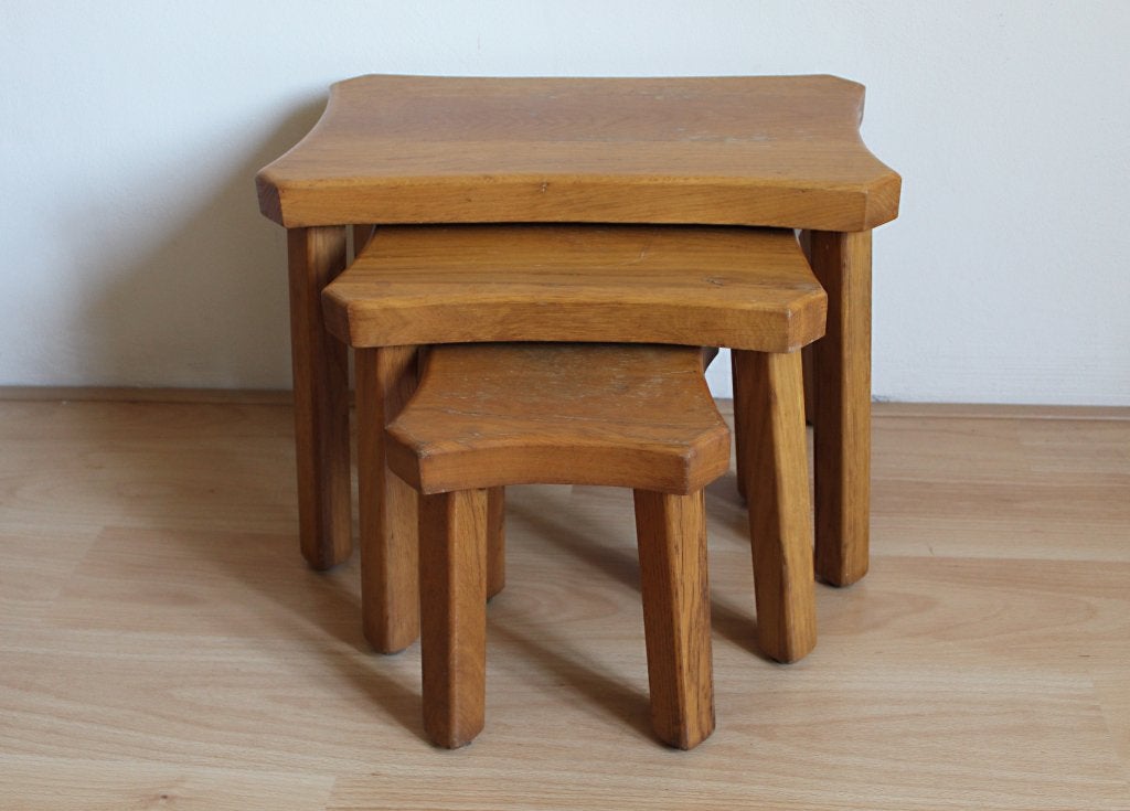 Brutalist set (3) bijzettafeltjes hout mimiset massief eiken, Ophalen of Verzenden