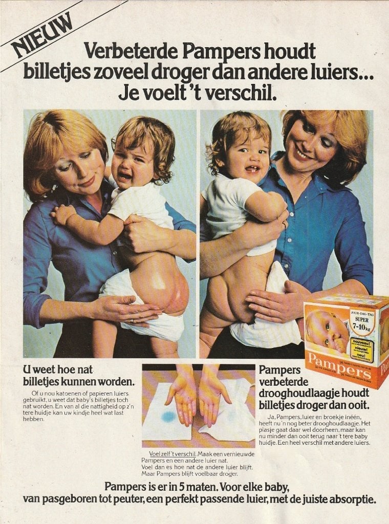 Retro reclame 1978 Pampers baby luiers in oranje pak, Verzamelen, Verzenden, Overige typen