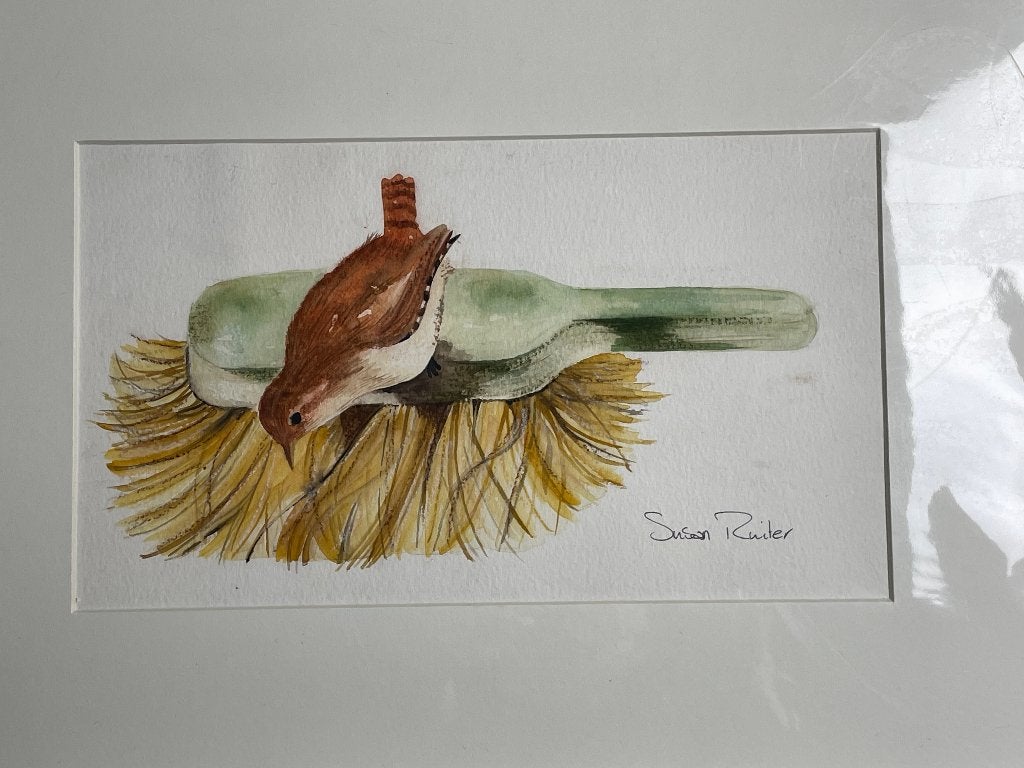 Susan Ruiter (1969-) Aquarel vogel op stoffer, Realistisch, Dieren, Ophalen of Verzenden, Gesigneerd