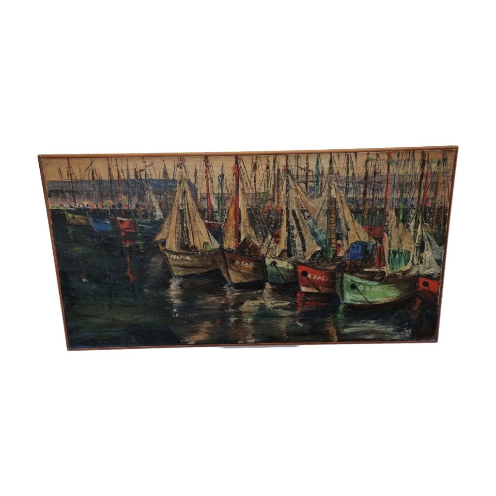 Vintage Frans schilderij met boten in haven, Antiek en Kunst, Ophalen, Maritiem / water, Overige stijlen, Doek