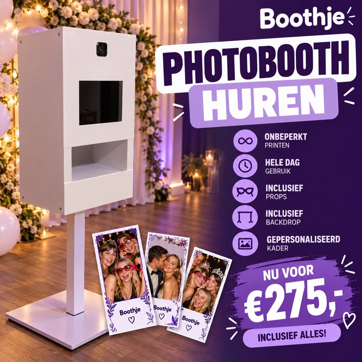 Photobooth huren hele dag all in prijs., Verzenden