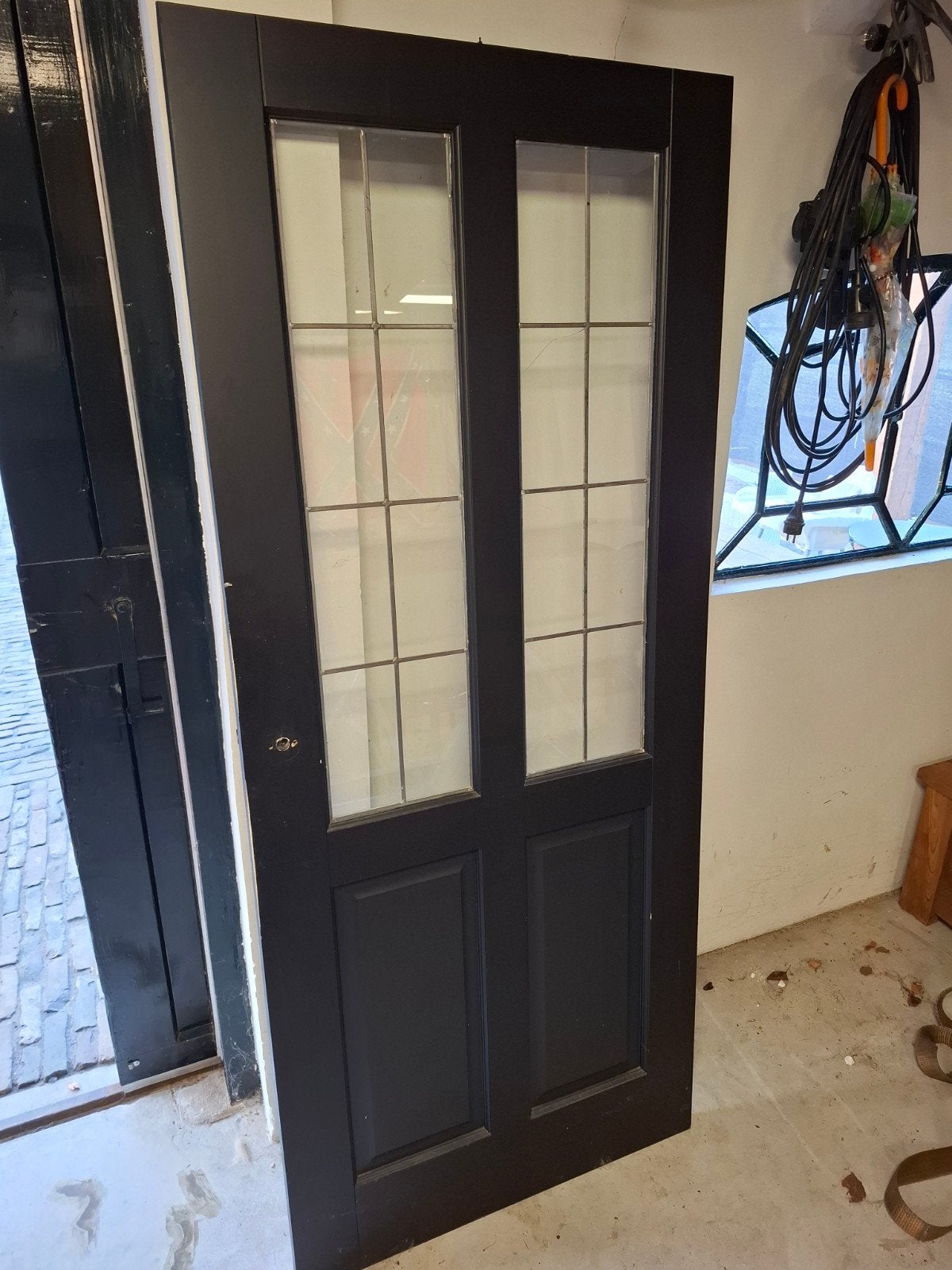 Opdekdeur met glas in lood ramen 85cm bij 201, Doe-het-zelf en Verbouw, Deuren en Horren, Ophalen, Gebruikt, Binnendeur, Glas