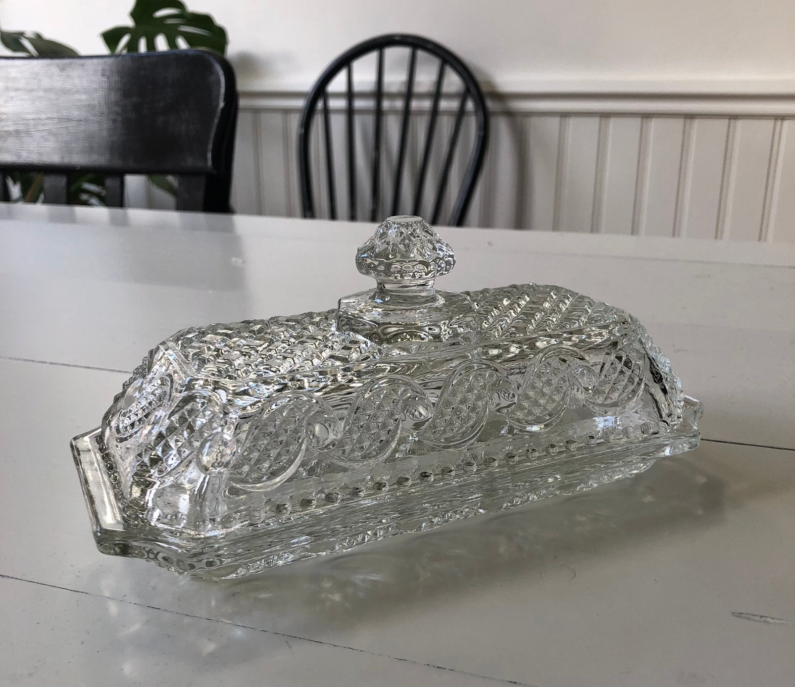 Zeer mooie brocante geperst glas botervloot. Vintage, Ophalen of Verzenden