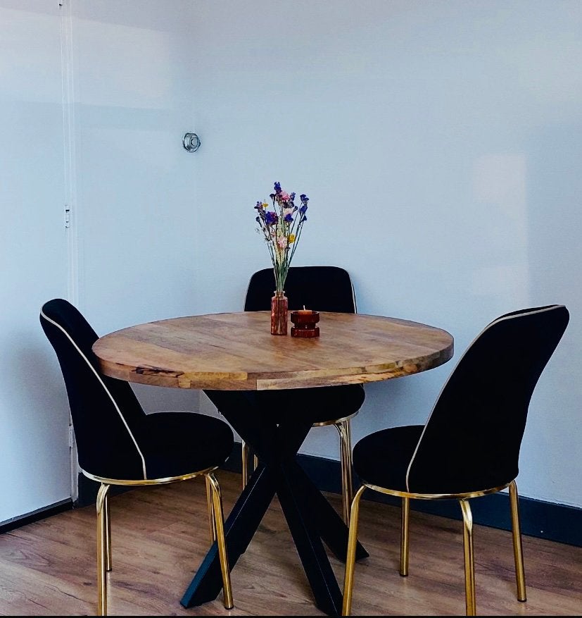 Ronde eettafel mangohout, Huis en Inrichting, Tafels | Eettafels, Ophalen, 100 tot 150 cm, Rond, Zo goed als nieuw