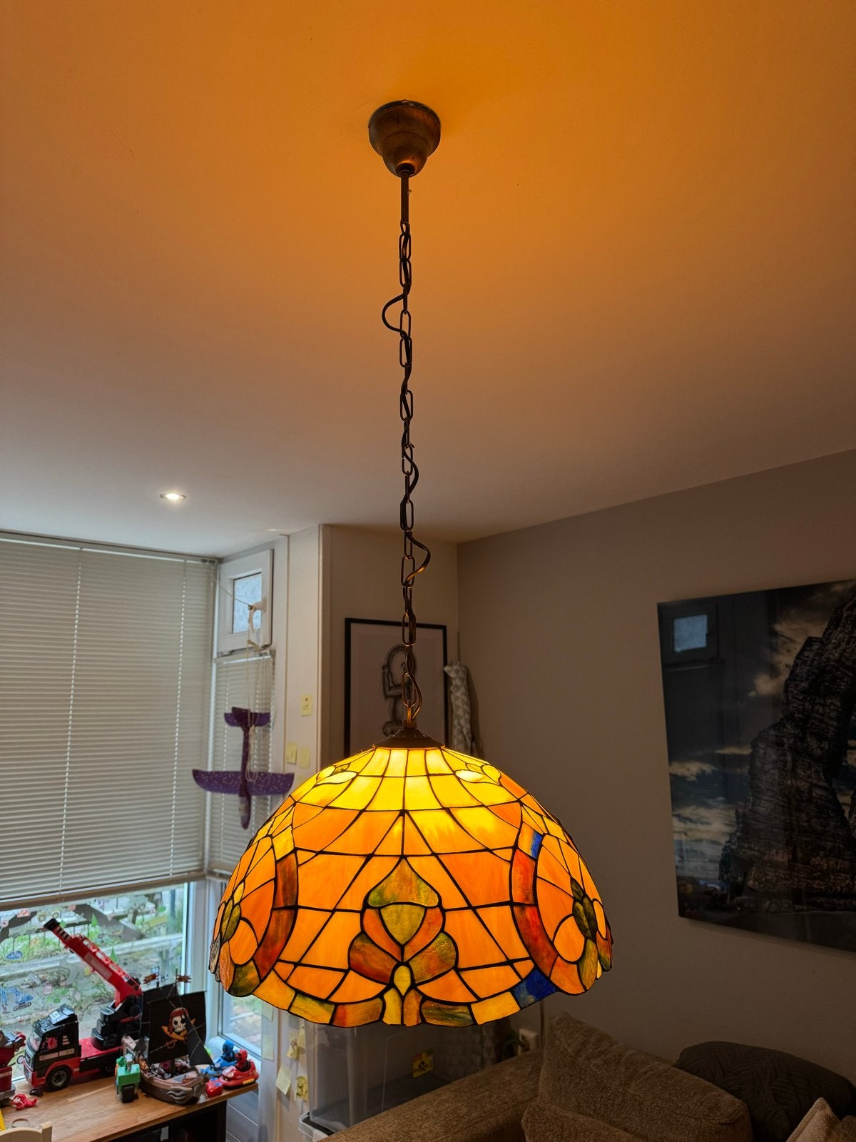Prachtige Tiffany Stijl Hanglamp - Geel/Oranje Glas, Ophalen, Zo goed als nieuw, Glas, E27 (groot)