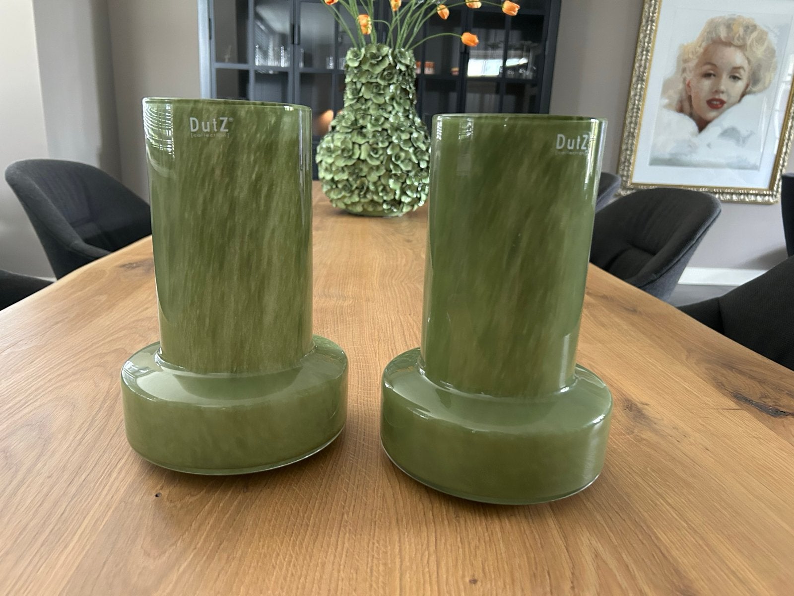 Set van 2 DutZ vazen - Groen mond geblazen glas, Huis en Inrichting, Ophalen, Met patroon/structuur, 25 cm, Groen