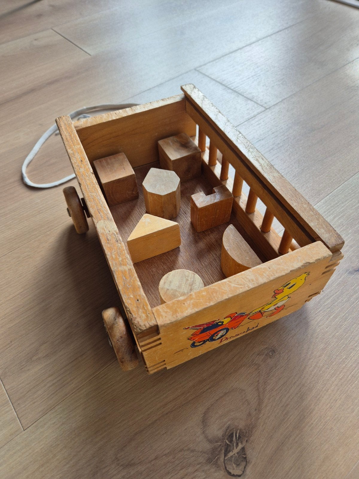 Vintage Houten Trekkar met Blokken - Dreamsland, Ophalen of Verzenden, Gebruikt, Duw- of Trekspeelgoed