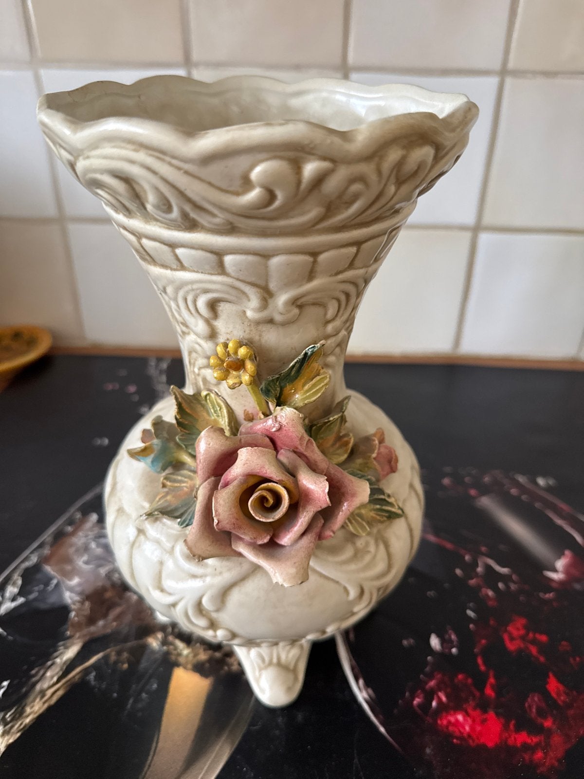 Prachtige Bassano vaas met bloemdecoratie - 26 cm hoog, Antiek en Kunst, Antiek | Vazen, Ophalen