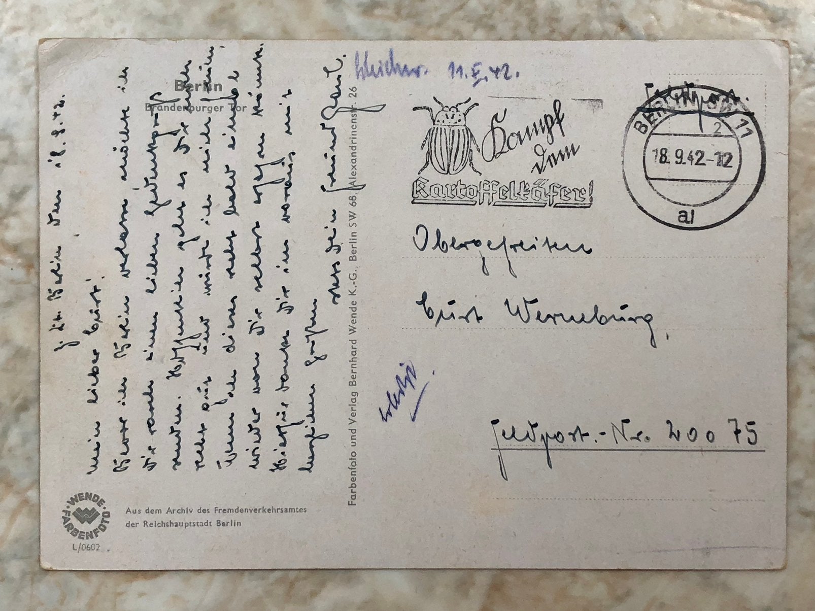 Duitse veldpost, gestempeld Berlin 18.9.42., Postzegels en Munten, Brieven en Enveloppen | Buitenland, Ophalen of Verzenden, Envelop