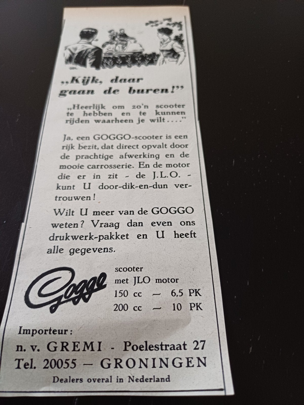 advertentie Goggo scooter daar gaan de buren 1954, Ophalen of Verzenden, Gebruikt, Overige typen