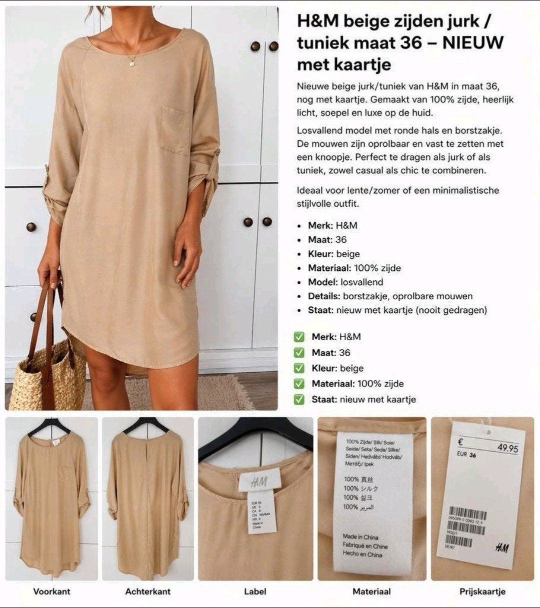 H&M zijden jurk/tuniek maat S nieuw, Kleding | Dames, H&M, Beige, Nieuw, Ophalen of Verzenden