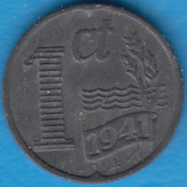 Nederland 1 cent 1941 zink, Sch. 1039 in munthouder, Postzegels en Munten, Ophalen of Verzenden, Koningin Wilhelmina, 1 cent, Losse munt