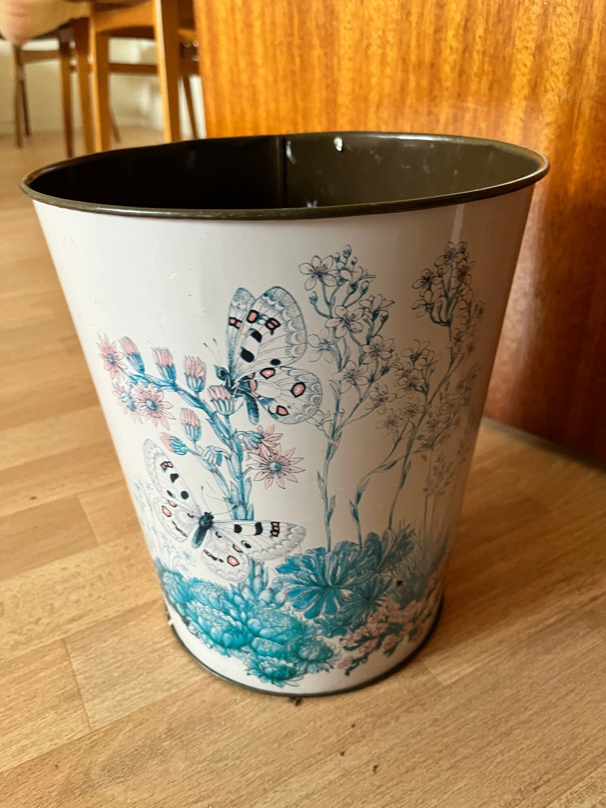 Vintage metalen prullenbak met vlinderprint, Ophalen, Vintage, Gebruikt, Meerkleurig