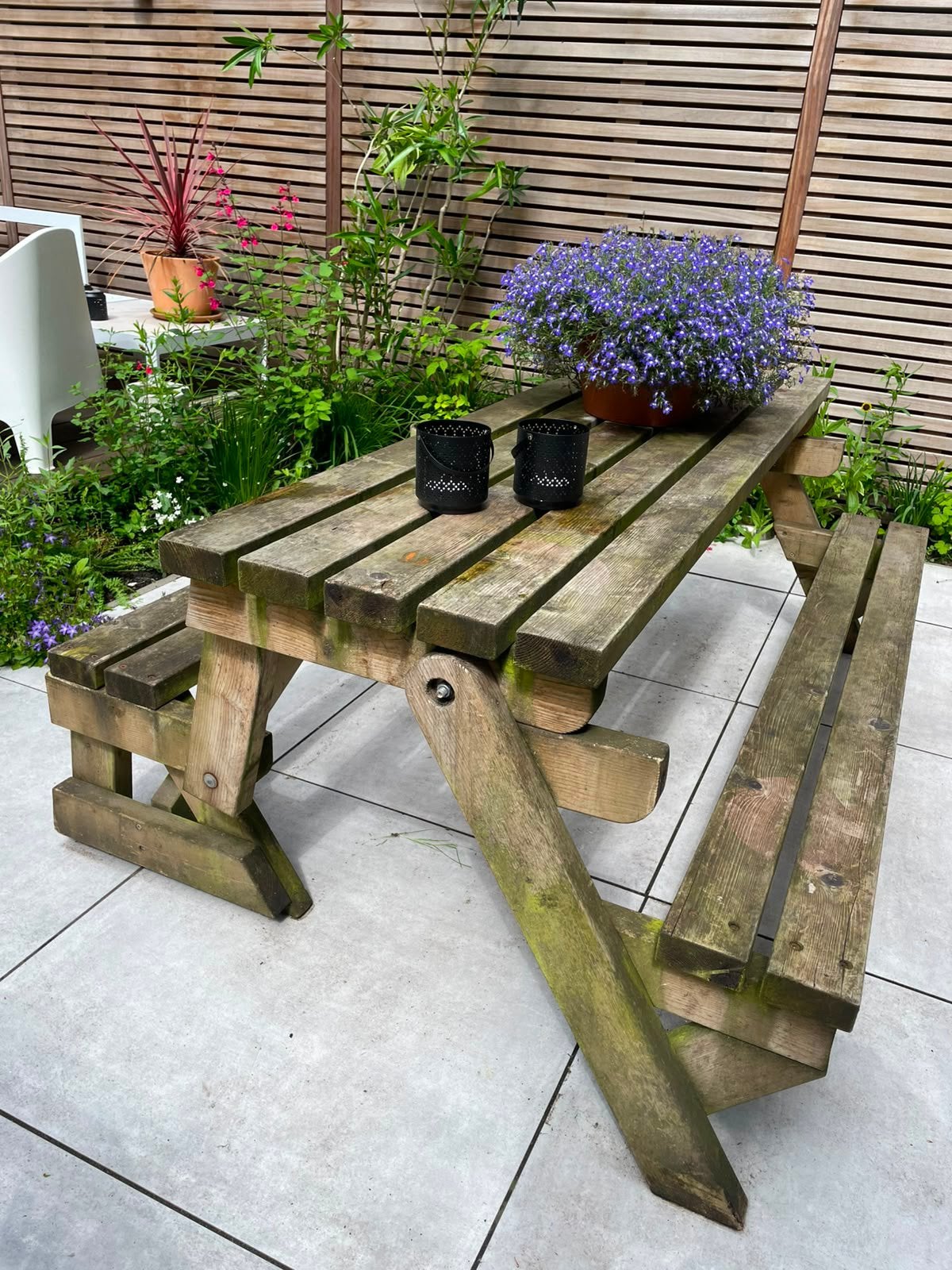 Inklapbare picknicktafel, is ingeklapt een bank, Tuin en Terras, Picknicktafels, Ophalen, Gebruikt, Inklapbaar, Rechthoekig