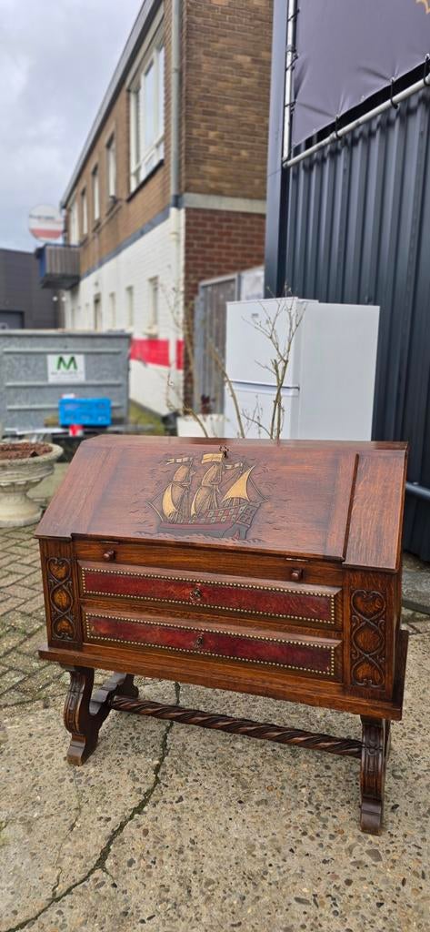 Antieke Eiken Secretaire met Snijwerk & Lederen Laden, Ophalen of Verzenden