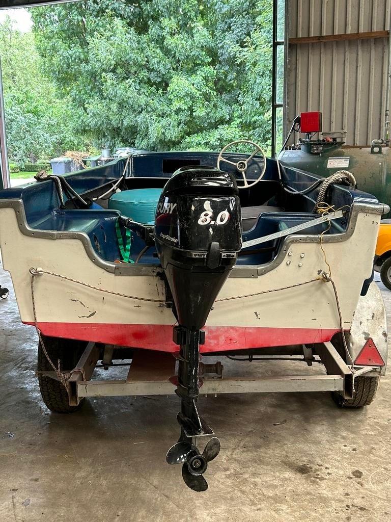 Mercury 8.0 buitenboordmotor, en bootje op trailer, Ophalen, Zo goed als nieuw, Buitenboordmotor, Trailer