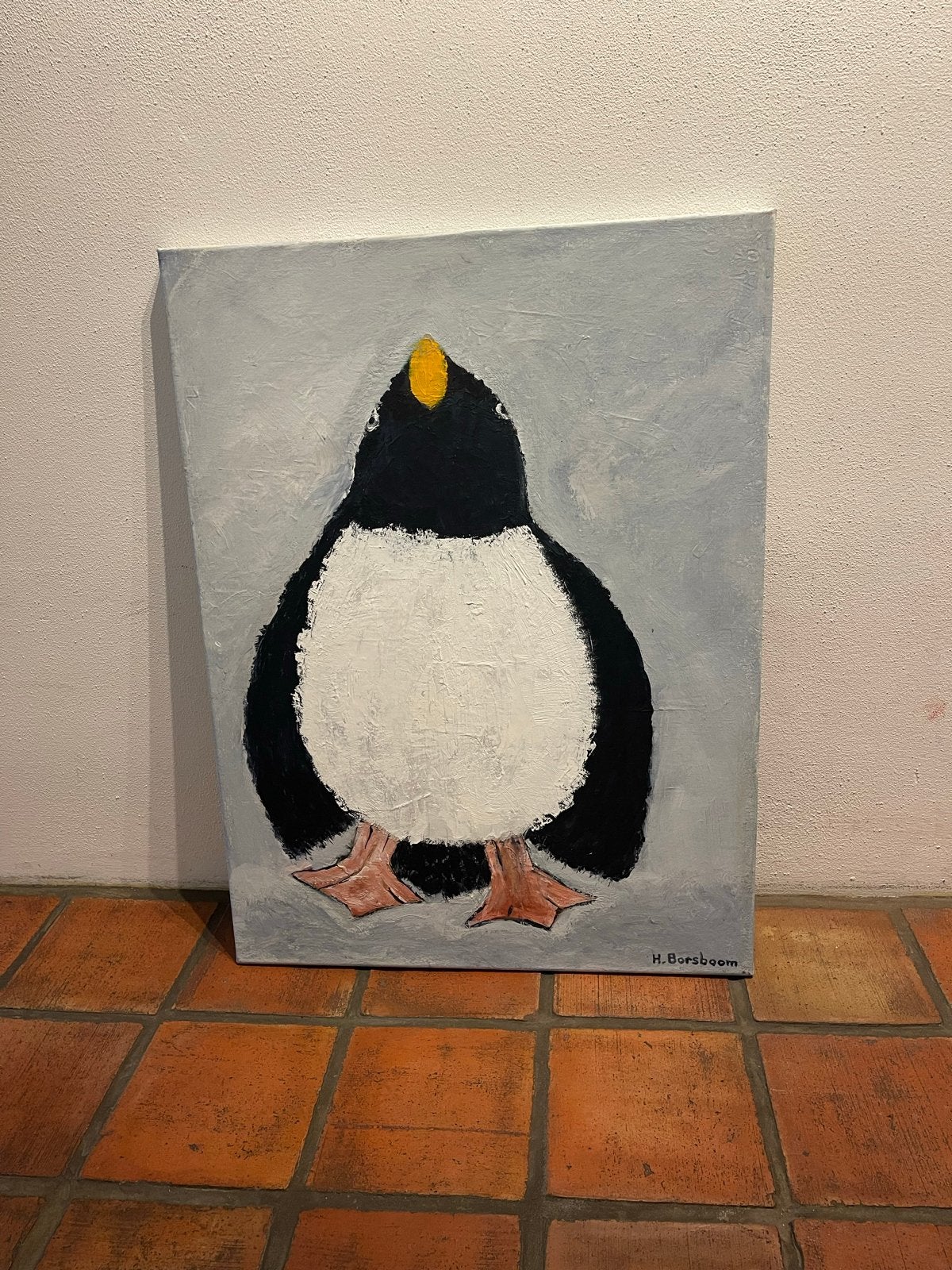 schilderij 'pinguïn' 60-80 cm van Herma Borsboom, Antiek en Kunst, Ophalen, Acrylverf, Handgeschilderd, Dieren