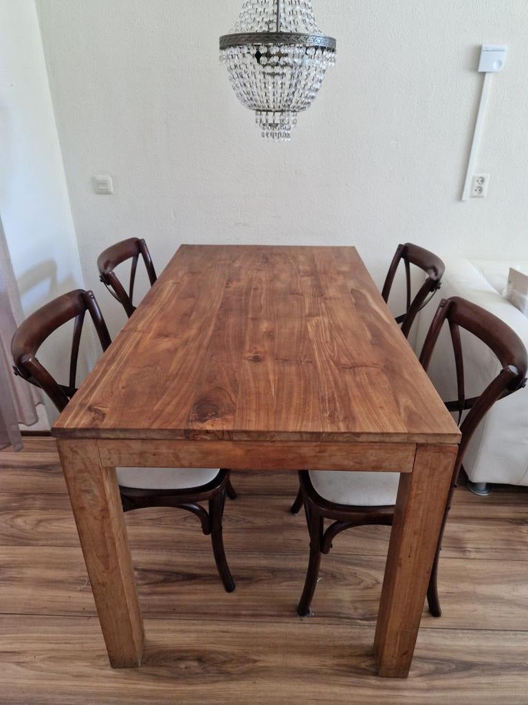 Teak houten tafel met design stoelen, Ophalen, Gebruikt, Teak, 4 tot 6 stoelen