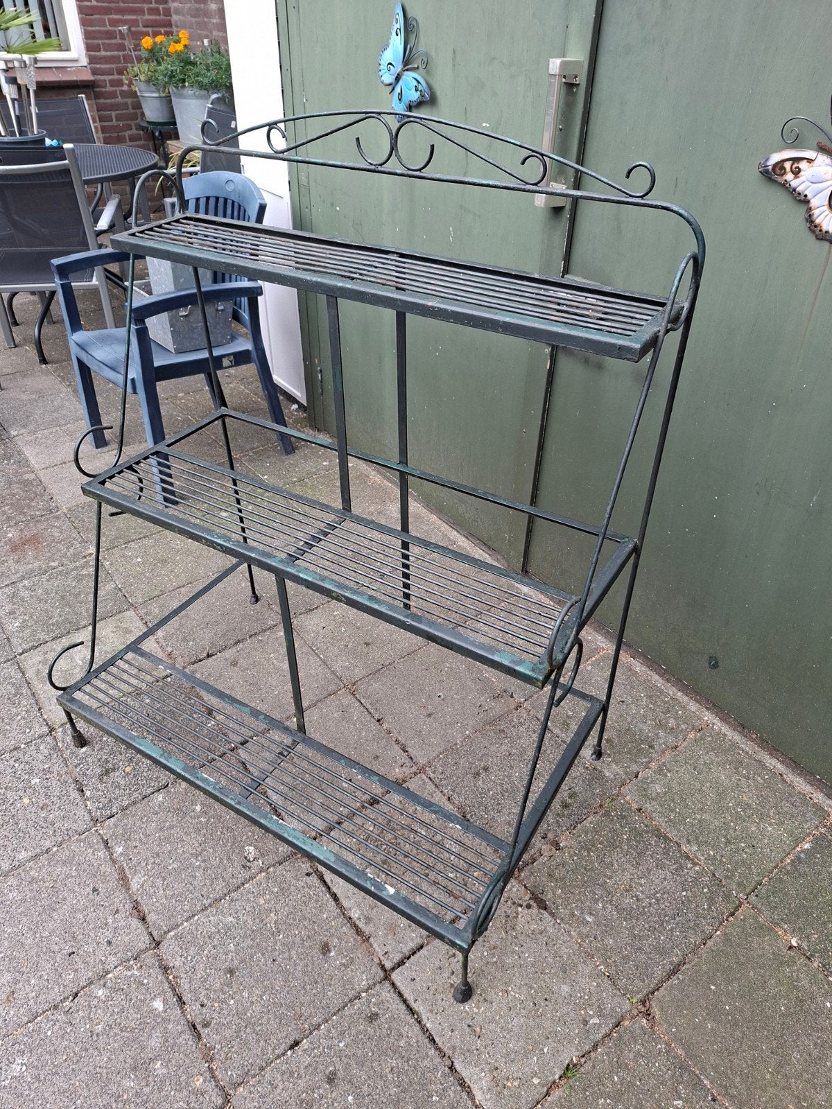 Metalen plantenrek, 3 etages, donkergroen met bloembakken, Ophalen, Gebruikt, 40 cm of meer, Metaal