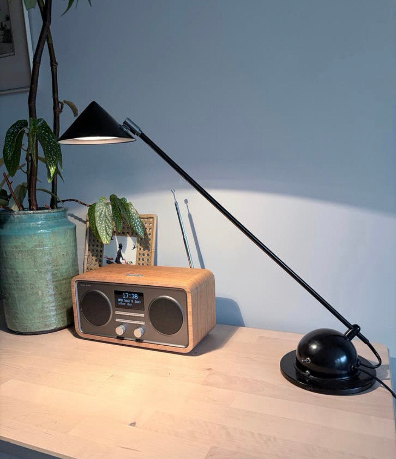 Zwarte vintage design hengellamp met zware voet, Ophalen, Bureaulamp, Gebruikt, Vintage