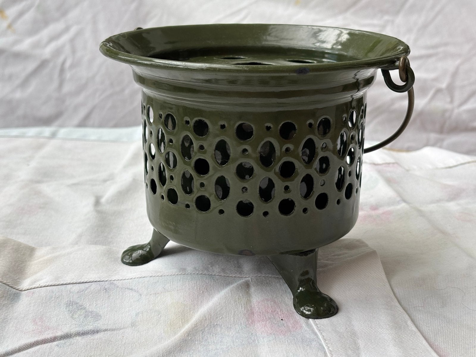 Antieke/Vintage Olijfgroene Emaille Theelicht / Rechaud, Ophalen of Verzenden