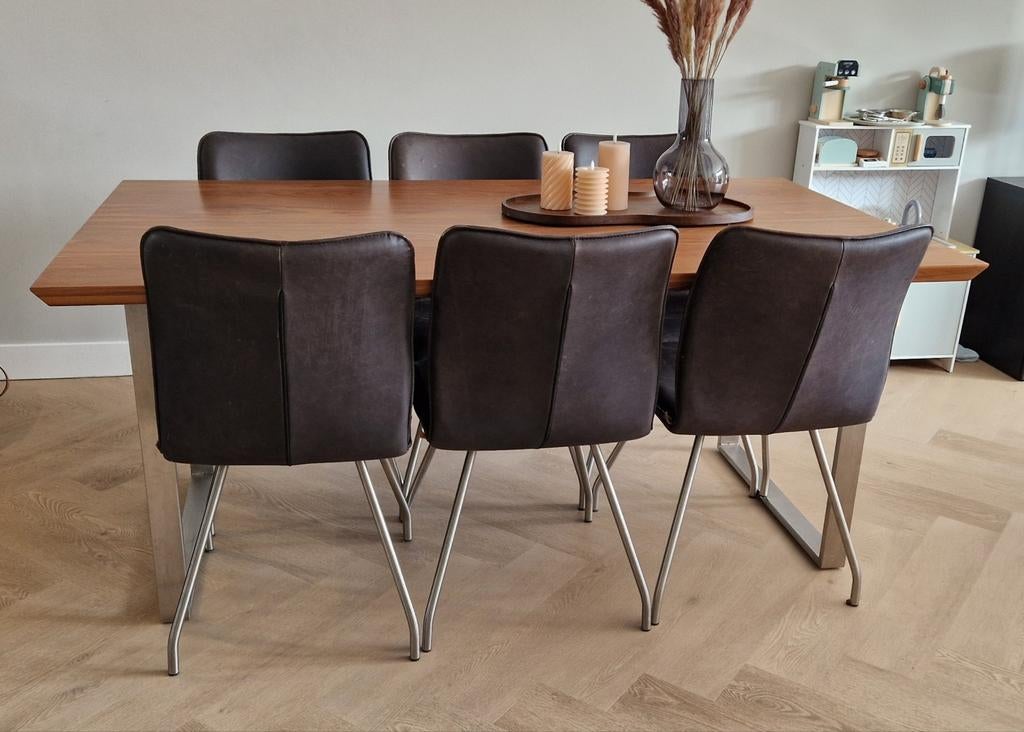 Noten houten eettafel + 6 eetkamerstoelen, Ophalen, Gebruikt, 4 tot 6 stoelen