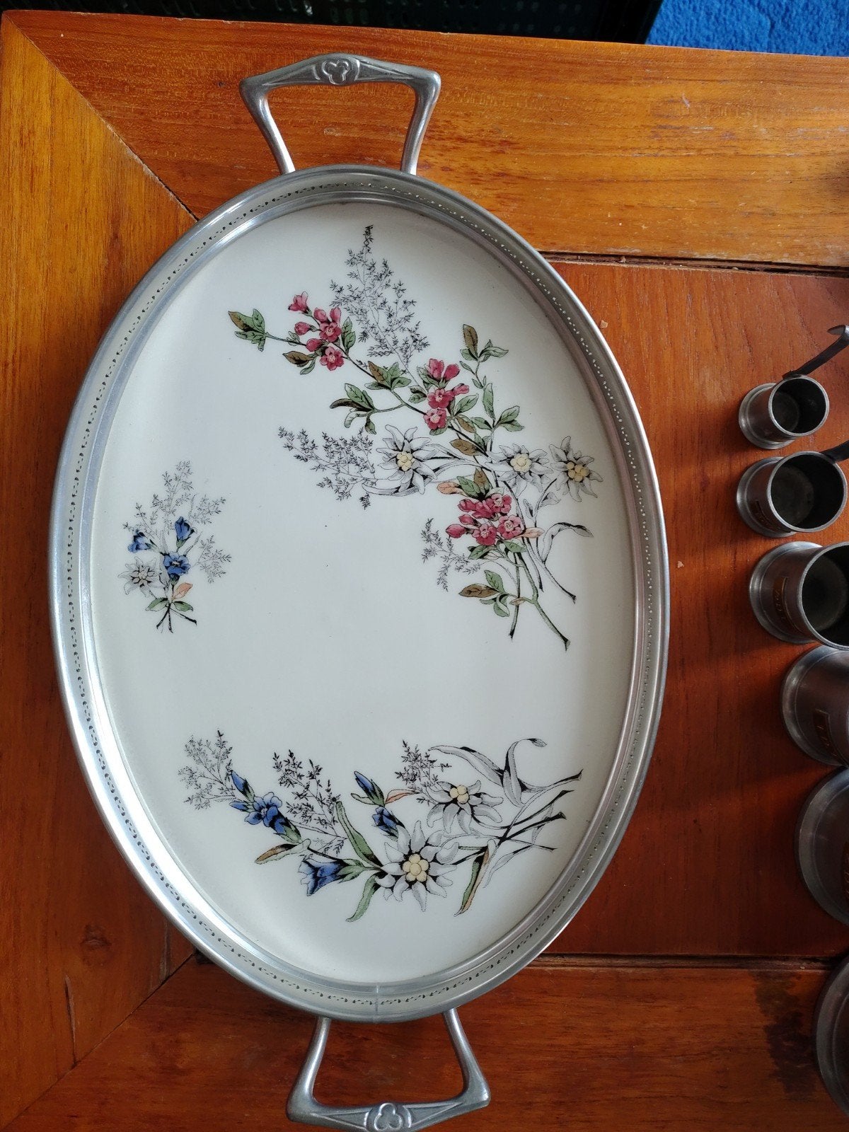 Vintage Ovaal Dienblad met Bloemenmotief en Metalen Rand, Ophalen of Verzenden