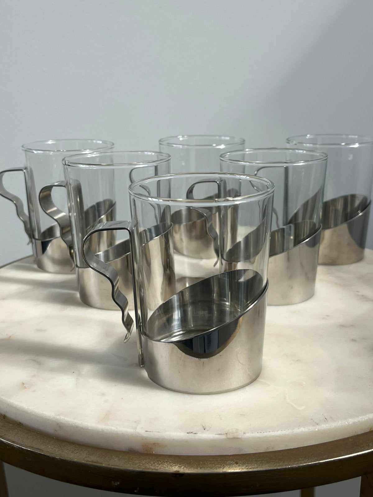 6 Vintage MCM/Space Age WMF theeglazen met cromargan houder, Ophalen of Verzenden, Gebruikt, Overige typen