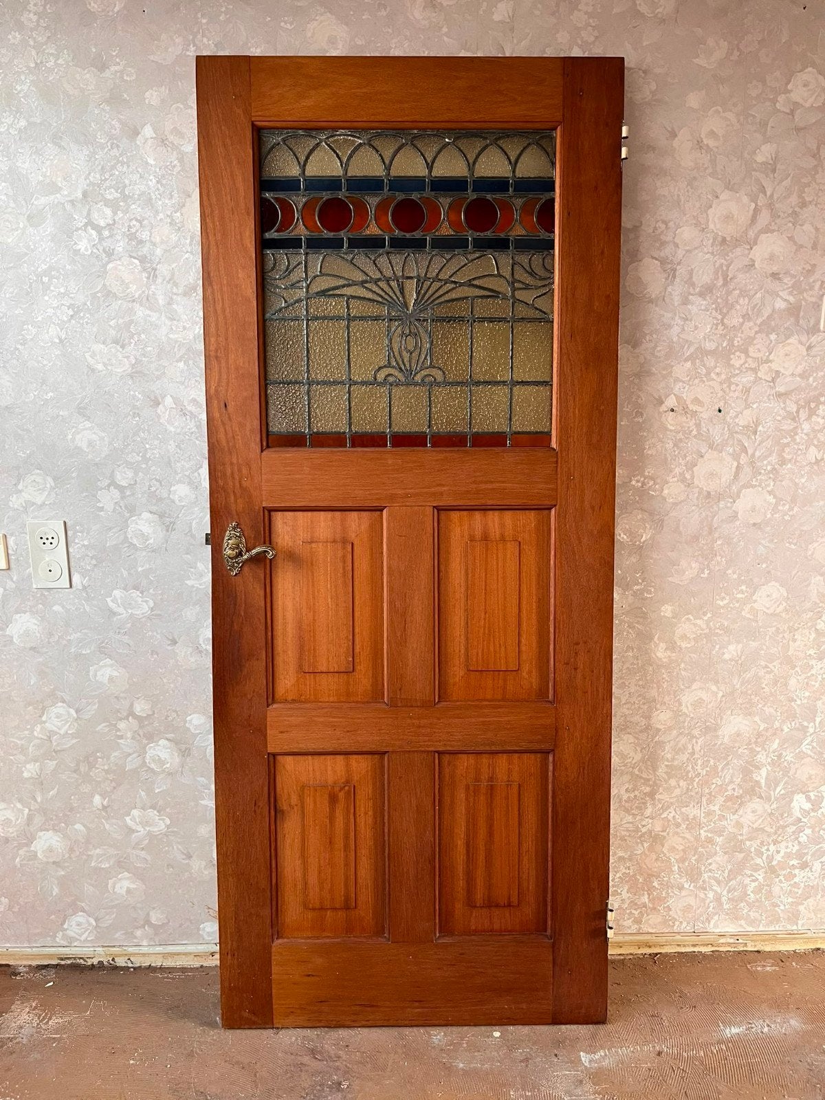 Hardhouten binnendeur met glas in lood raam, Ophalen, Glas, Binnendeur, 200 tot 215 cm