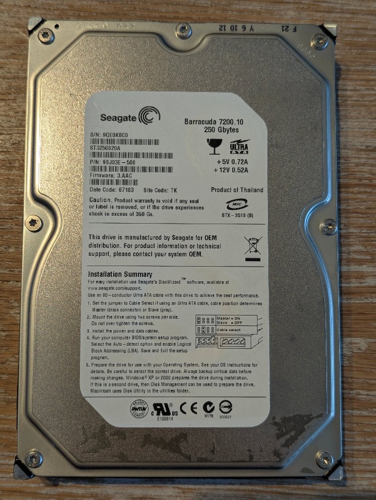 Seagate Barracuda 7200.10 250GB HDD ST3250820A 9QE0K0C0, Computers en Software, Harde schijven, Ophalen of Verzenden, Gebruikt