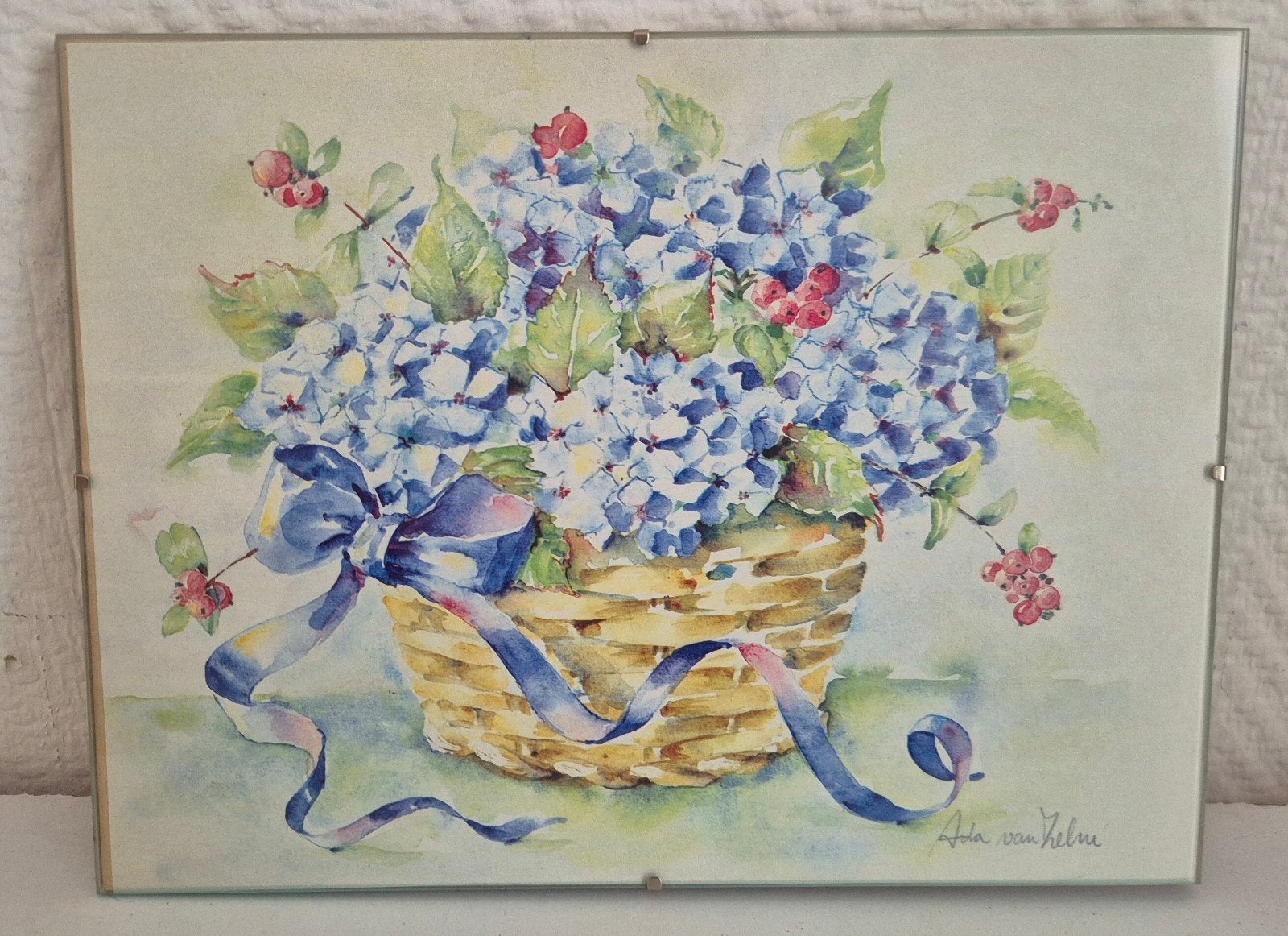 Aquarel Hortensia's in Mand - Gesigneerd Ada van Zelm, Ophalen of Verzenden, Tekening, Aquarel, Gesigneerd