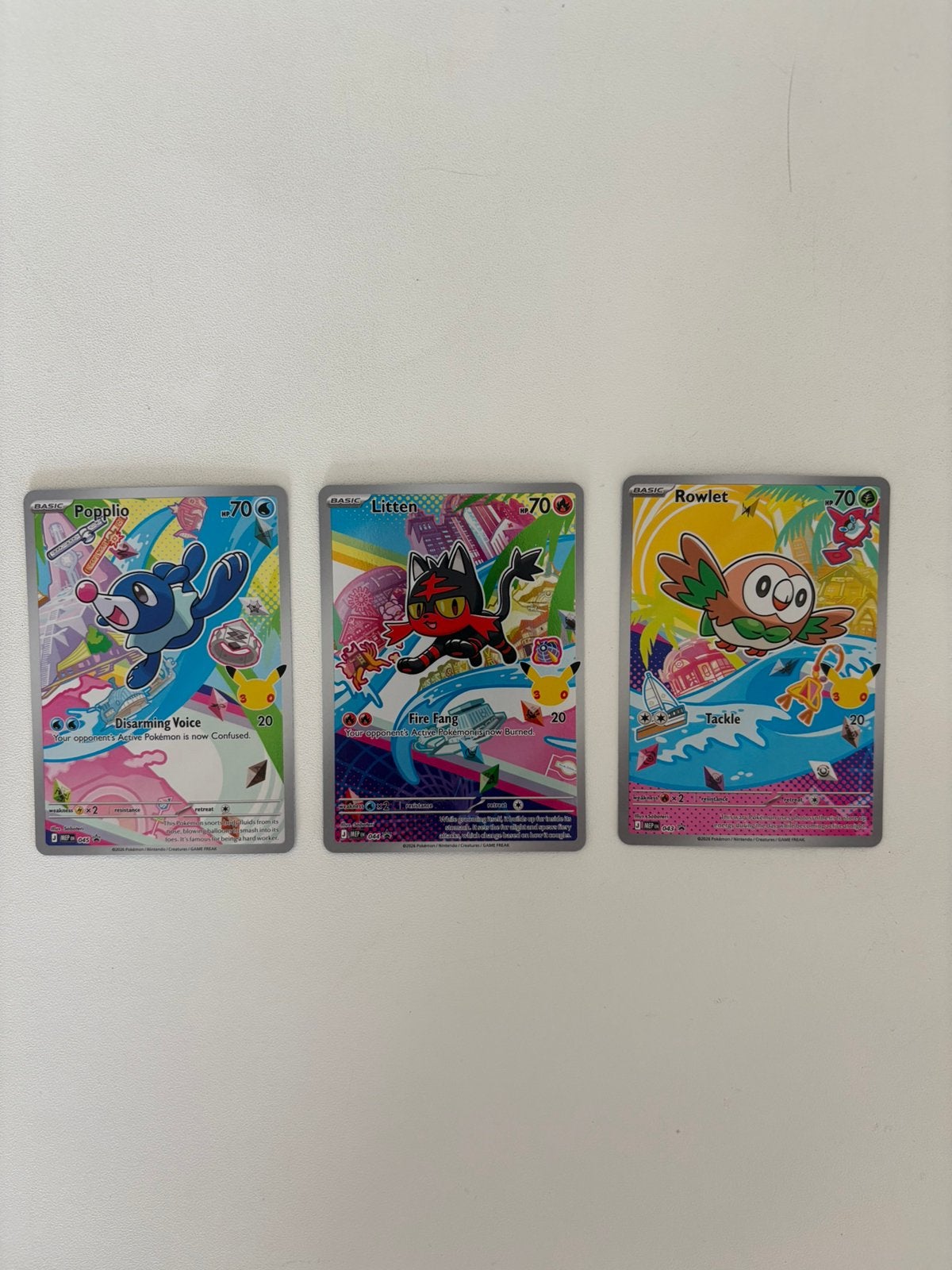 Rowlet 043, Litten 044 en Popplio 045 promo, Ophalen of Verzenden, Nieuw, Foil