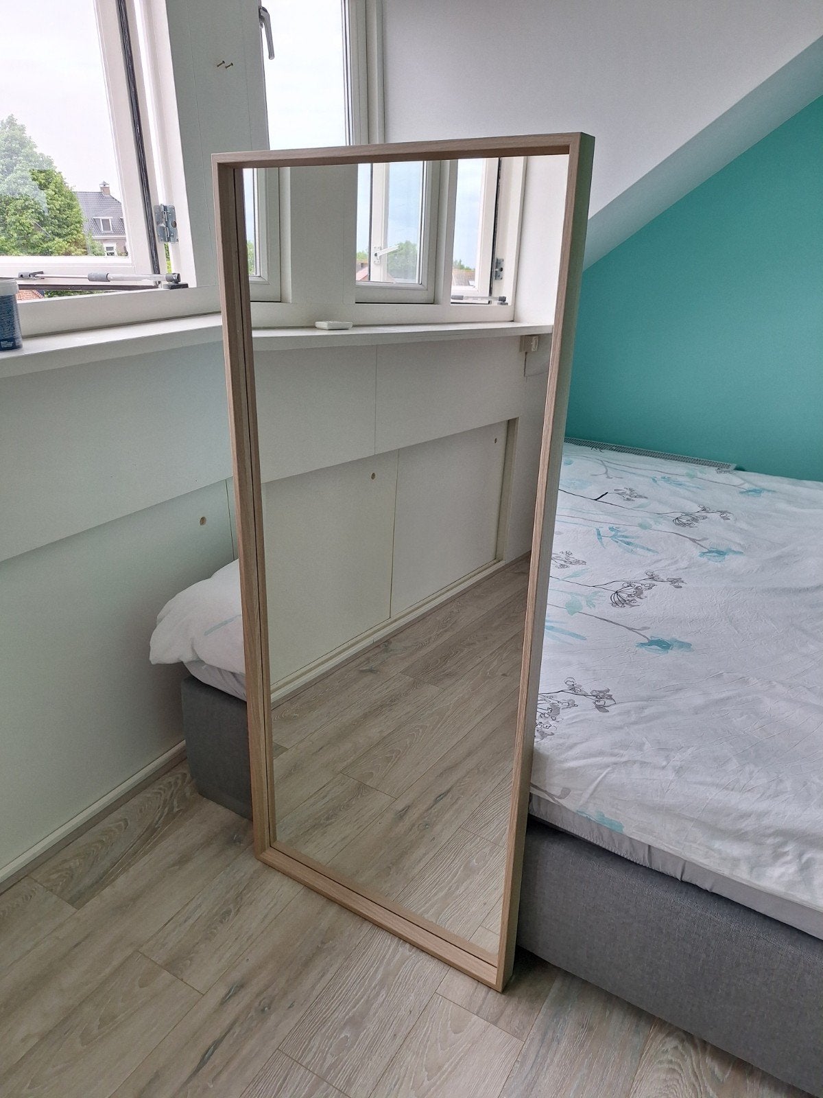 Wandspiegel met lichte eiken print lijst (60x140 cm), Huis en Inrichting, Woonaccessoires | Spiegels, Ophalen