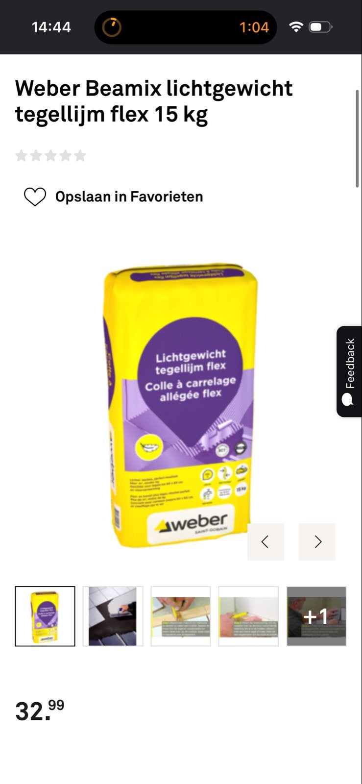 Weber Beamix lichtgewicht tegellijm flex 15 kg, Ophalen, Overige materialen, Overige typen, Nieuw