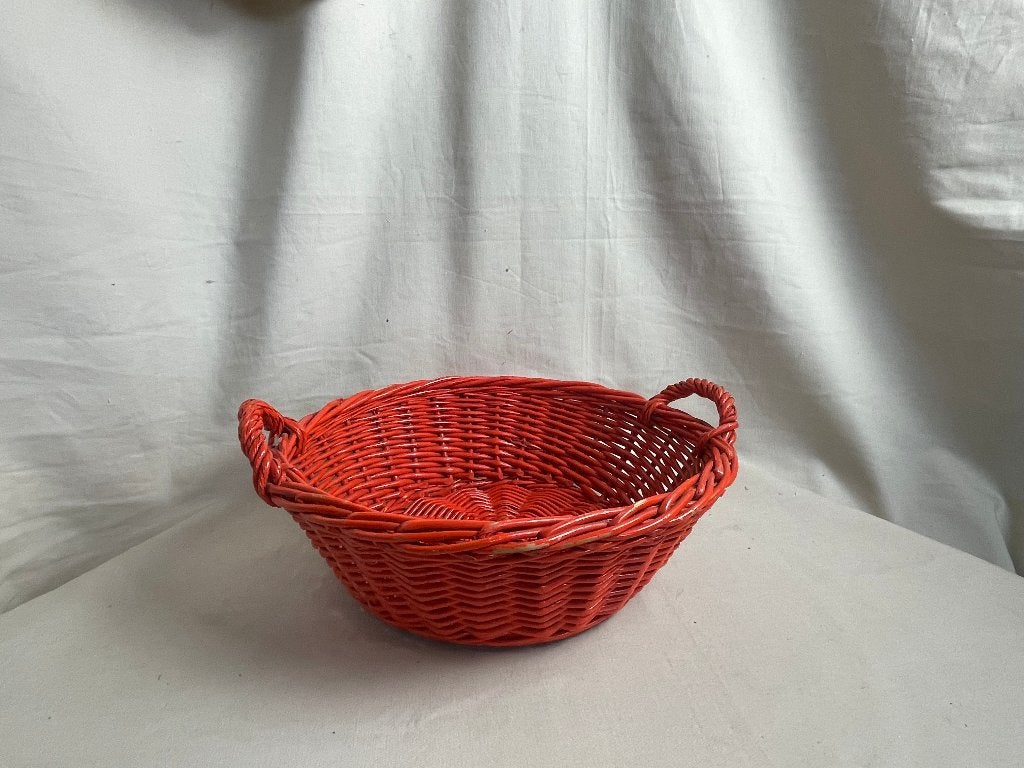 Vintage oranje rieten mand met handvatten jaren 70, Gebruikt, Mand, Gevlochten, Rond