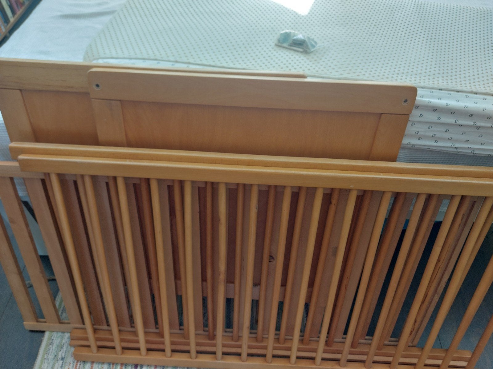 Houten ledikant met lattenbodem en toebehoren., Gebruikt, 70 tot 85 cm, 140 tot 160 cm, Ophalen