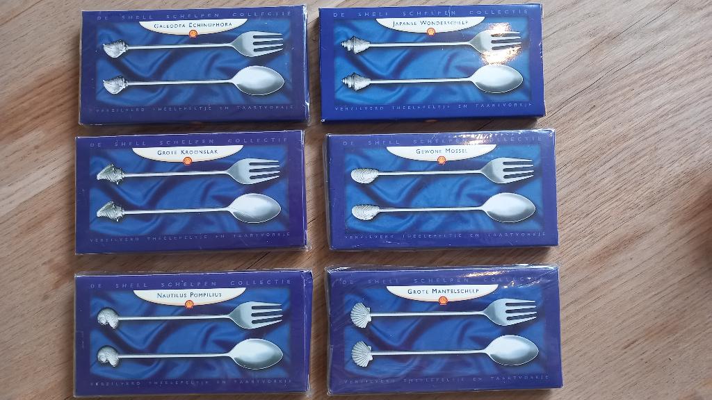 Verzilverde theelepeltjes, gebaksvorkjes schelpen collectie, Ophalen, Nieuw, Zilver, Bestekset