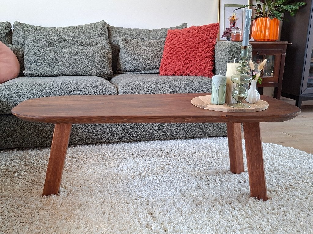 Handgemaakte organische salontafel – warm wengé – uniek, Ophalen, Organisch, Mid-century, japandi, 100 tot 150 cm, Nieuw