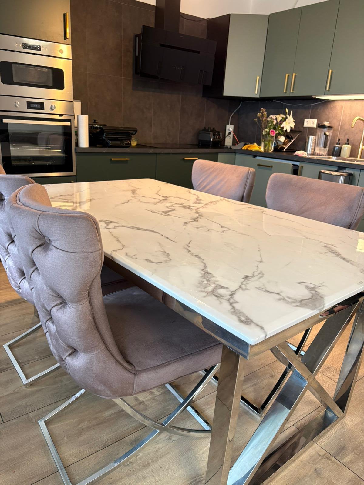 Eettafel met4 stoelen  en salontafel mermer style, Huis en Inrichting, Tafels | Eettafels, Ophalen, Overige materialen, Vierkant