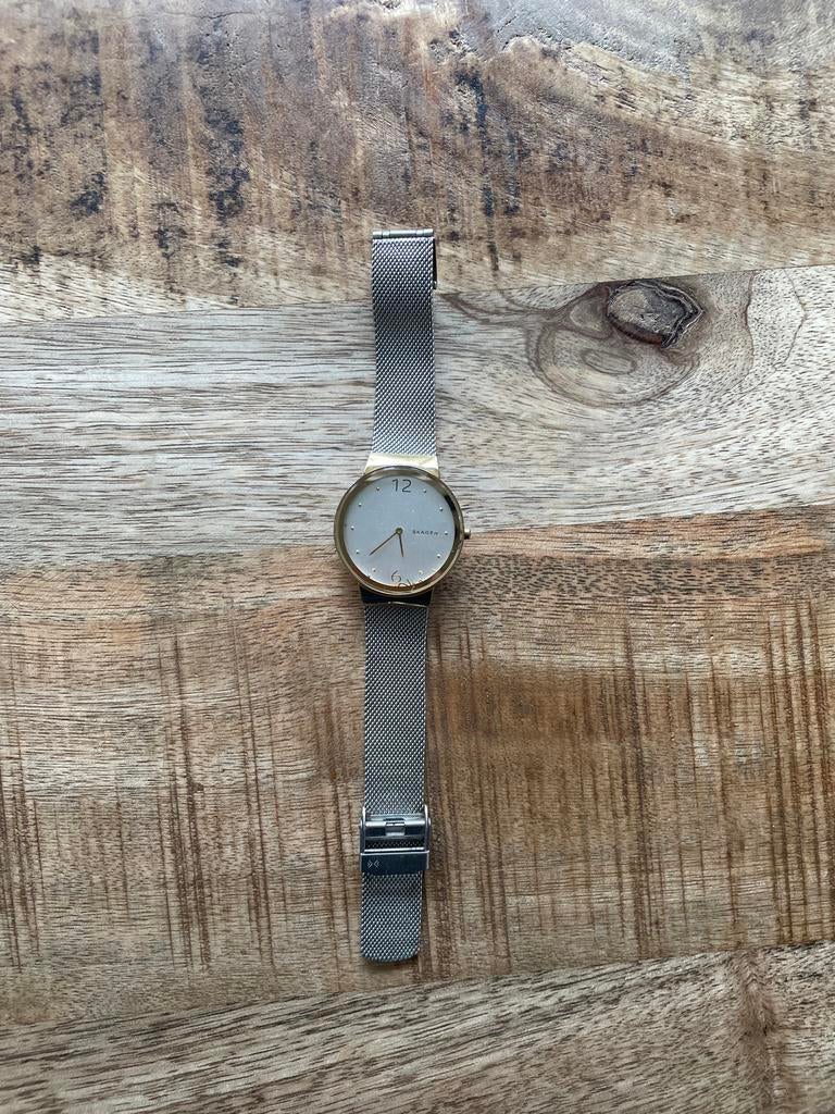 Skagen horloge met zilverkleurige mesh band, Sieraden, Tassen en Uiterlijk, Horloges | Dames, Overige merken, Gebruikt, Staal