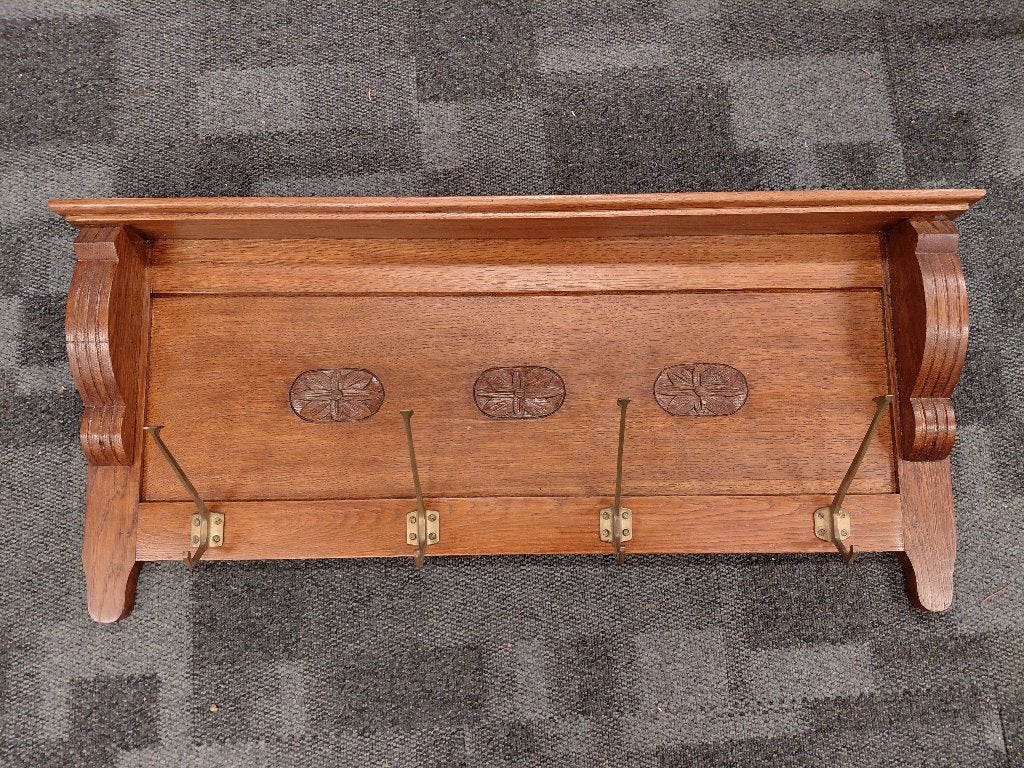 Art Deco eiken kapstok met 4 koperen haken., Antiek en Kunst, Ophalen of Verzenden