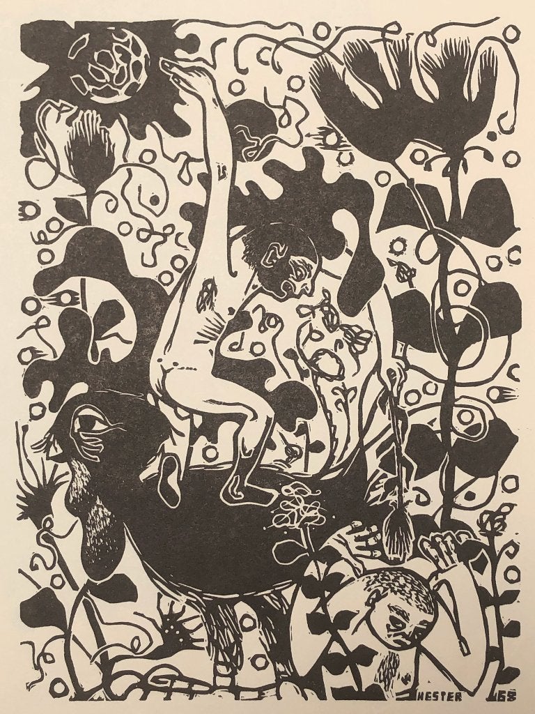 Henk Ester (Geb. 1952) Houtsnede 'Man op vogel' ~1968, Antiek en Kunst, Ophalen of Verzenden
