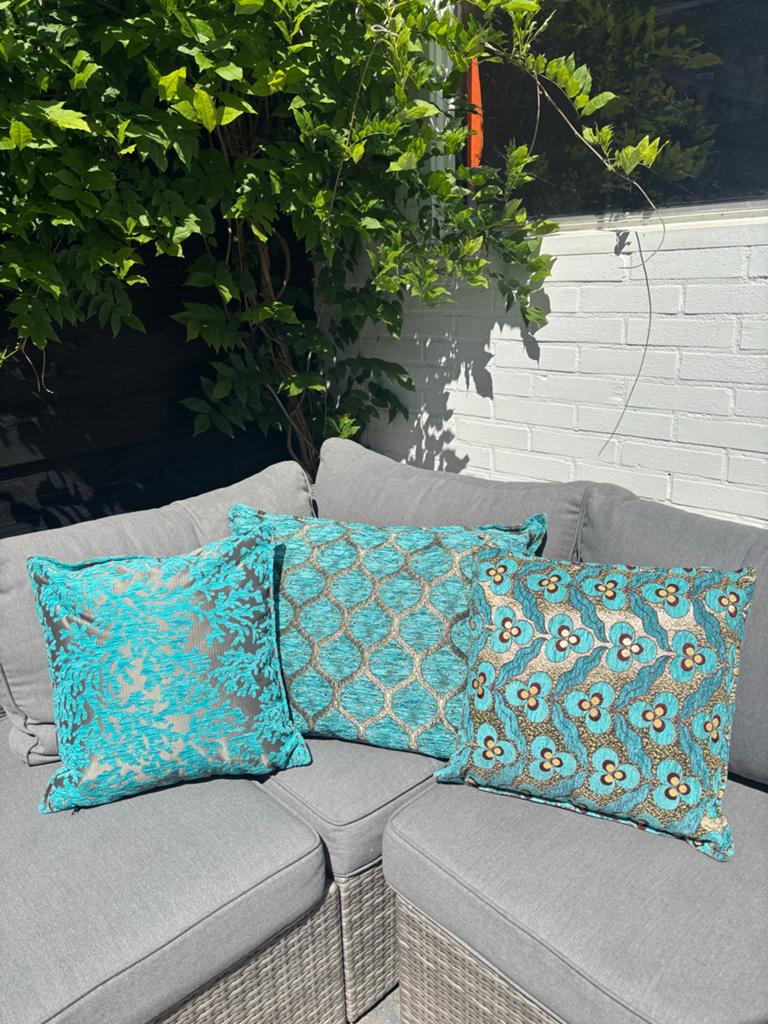 Set van 3 Boheemse Kussens - Turquoise & Goud, Ophalen of Verzenden, Nieuw, Overige kleuren, Vierkant