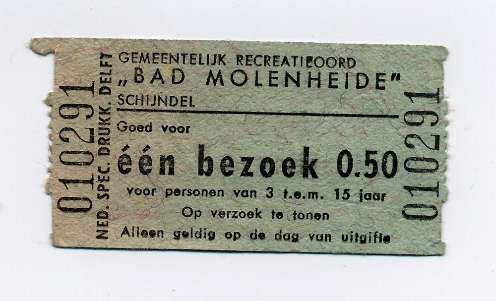 Oud entreekaartje van Bad Molenheide - Schijndel jaren '60, Ophalen of Verzenden, Zo goed als nieuw
